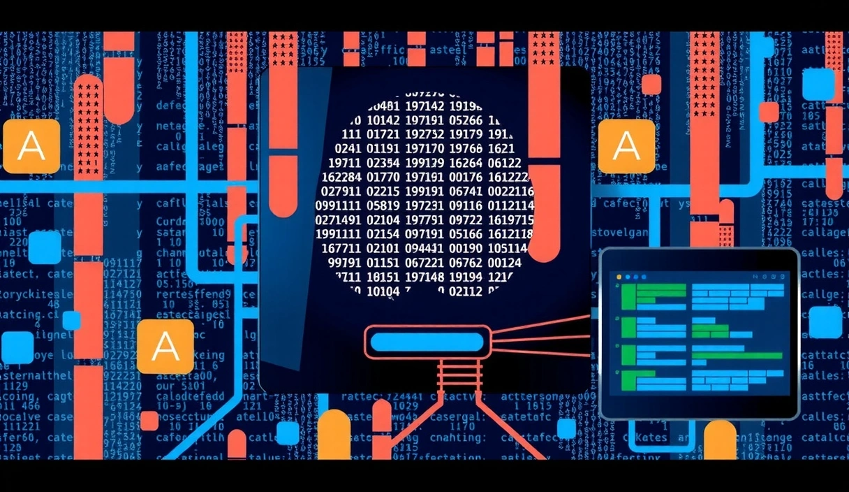 Imagine principală: Inteligența Artificială transformând codul, cu elemente vizuale futuriste și grafice de date.