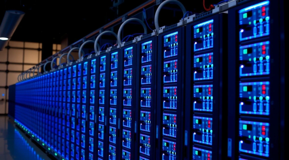 Miniatură articol: Serverele unei ferme de date cu lumini albastre, reprezentând infrastructura web.