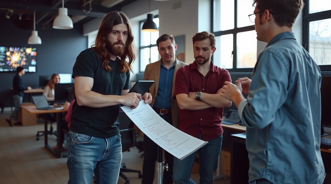 Miniatură articol: O echipă de dezvoltatori colaborând în jurul unui ecran mare, arătând munca în echipă.