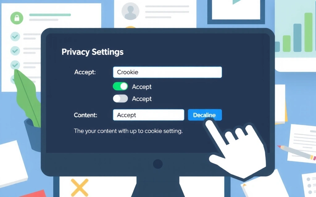 Ilustrație a unui ecran de computer cu setări de confidențialitate și o mână care apasă un buton de opțiune.