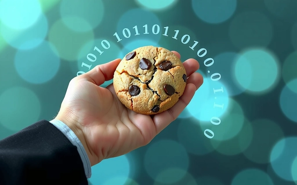 Ilustrație cu o mână care ține un cookie digital, simbolizând politica de cookie-uri.