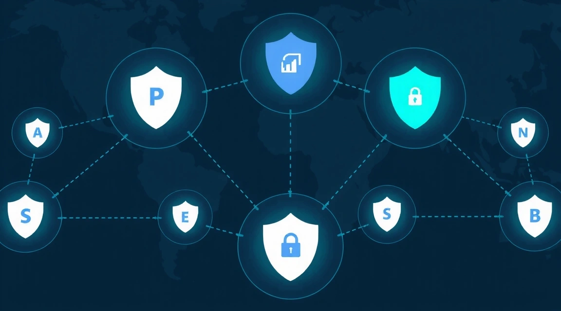 Ilustrație cu o rețea globală securizată și conexiuni de date