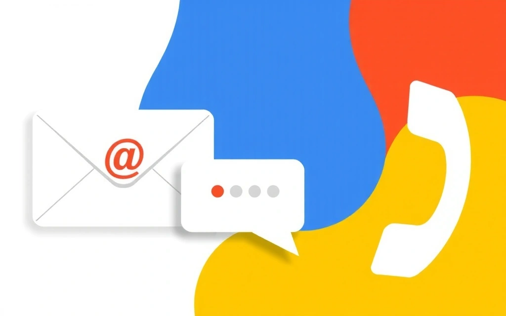 Ilustrație cu o pictogramă de e-mail, un telefon și un balon de mesaj, reprezentând diverse metode de contact.