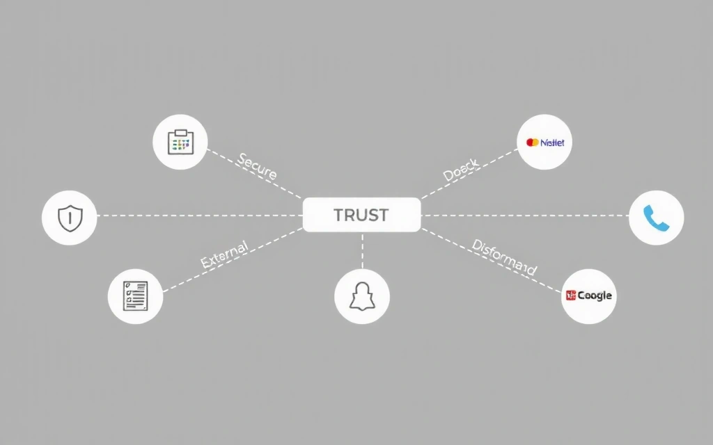 Ilustrație a unui lanț de date cu verigi care se conectează cu entități externe, sugerând partajarea securizată a informațiilor cu terți de încredere.