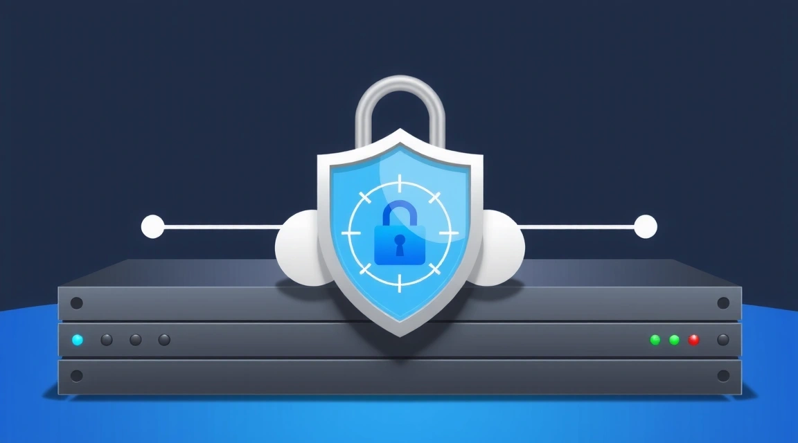 Ilustrație a unei infrastructuri de server securizate, cu un lacăt digital și straturi de protecție, reprezentând măsurile de securitate a datelor.