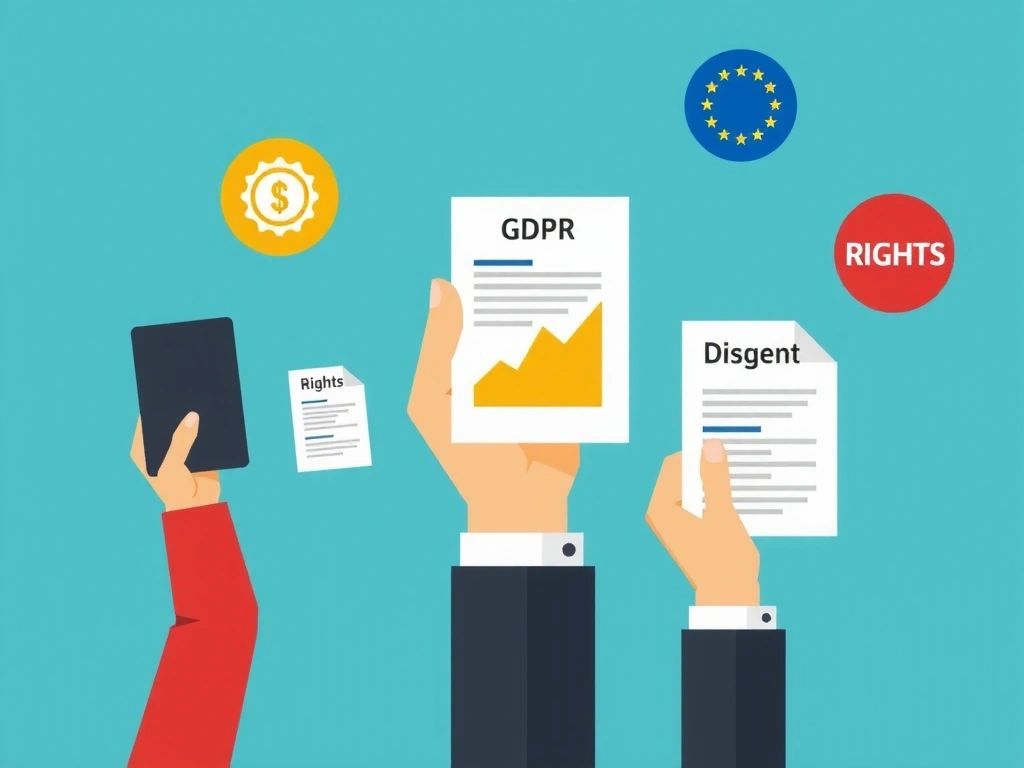 Ilustrație cu mâini care țin diferite documente și simboluri de drepturi, reprezentând drepturile utilizatorilor privind datele personale.