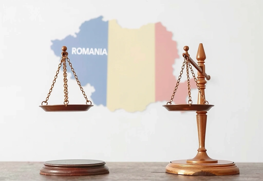 Balanță a justiției și harta României, reprezentând legile aplicabile și jurisdicția
