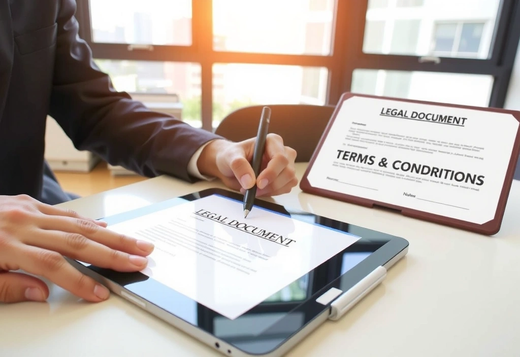 Mână semnând un document legal digital pe o tabletă, ilustrând acceptarea termenilor și condițiilor