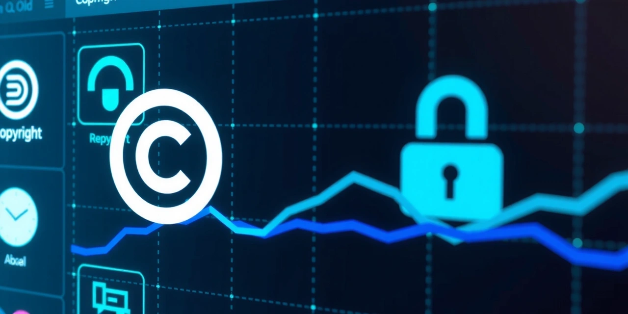 Simboluri de drepturi de autor și mărci comerciale într-un mediu digital, reprezentând proprietatea intelectuală